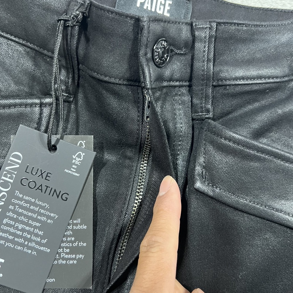 Paige Pants Womens 26 Black Luxe Coating Stella Flap Cargo Pockets Zip Straight - Picture 7 of 14